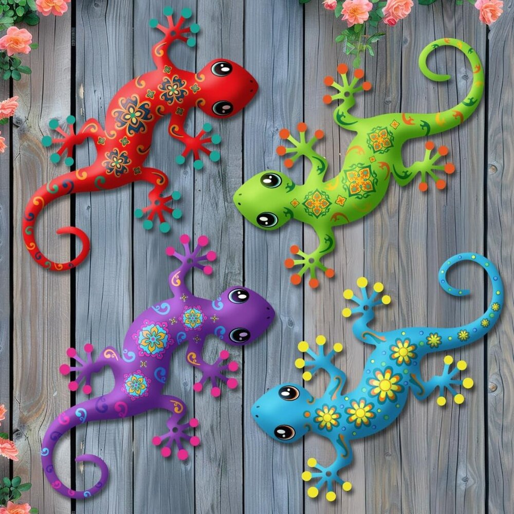 4 Metal Gecko Wall Decorations for Outdoor or Indoor‎ Very Colorful Gecko's